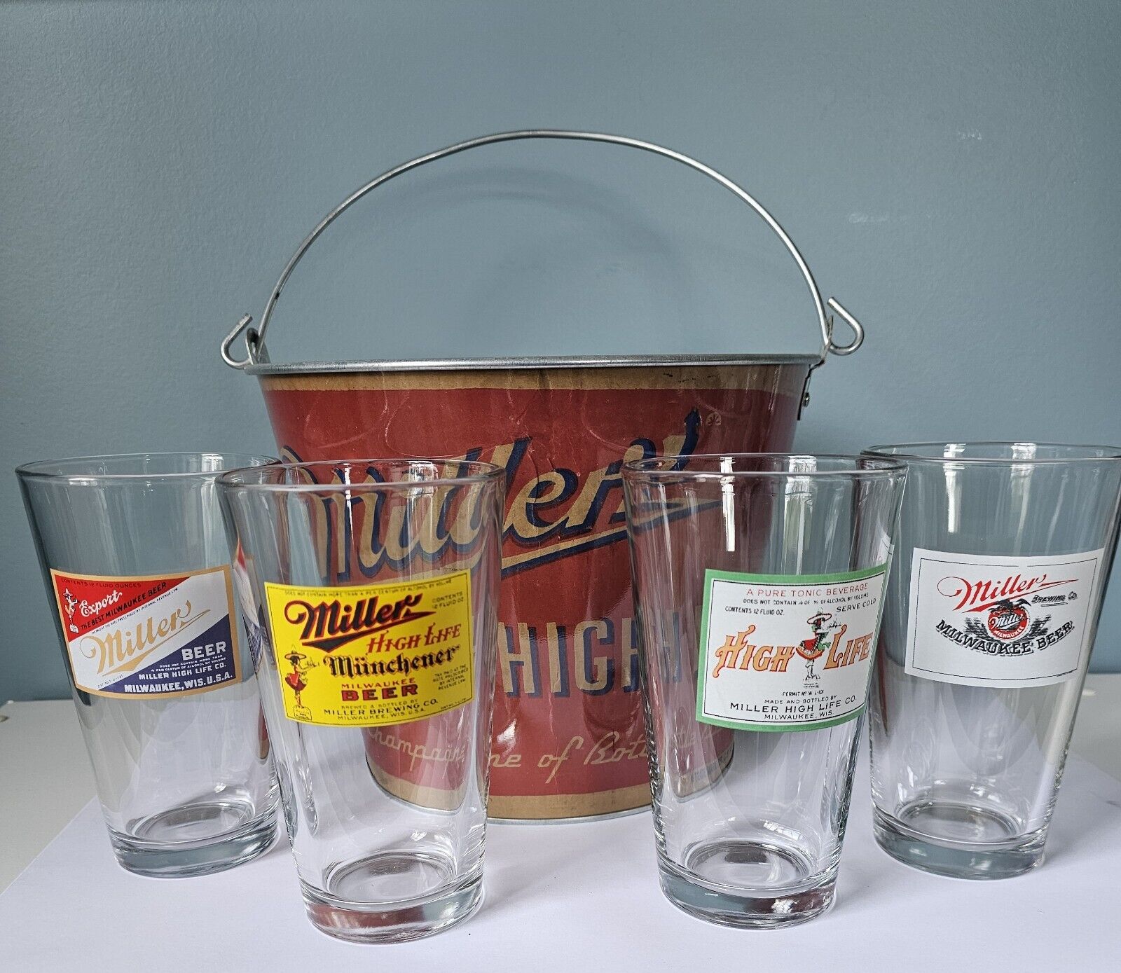 Lot Of 4 Vintage Miller High Life Beer Glasses Cups and Ice Bucket