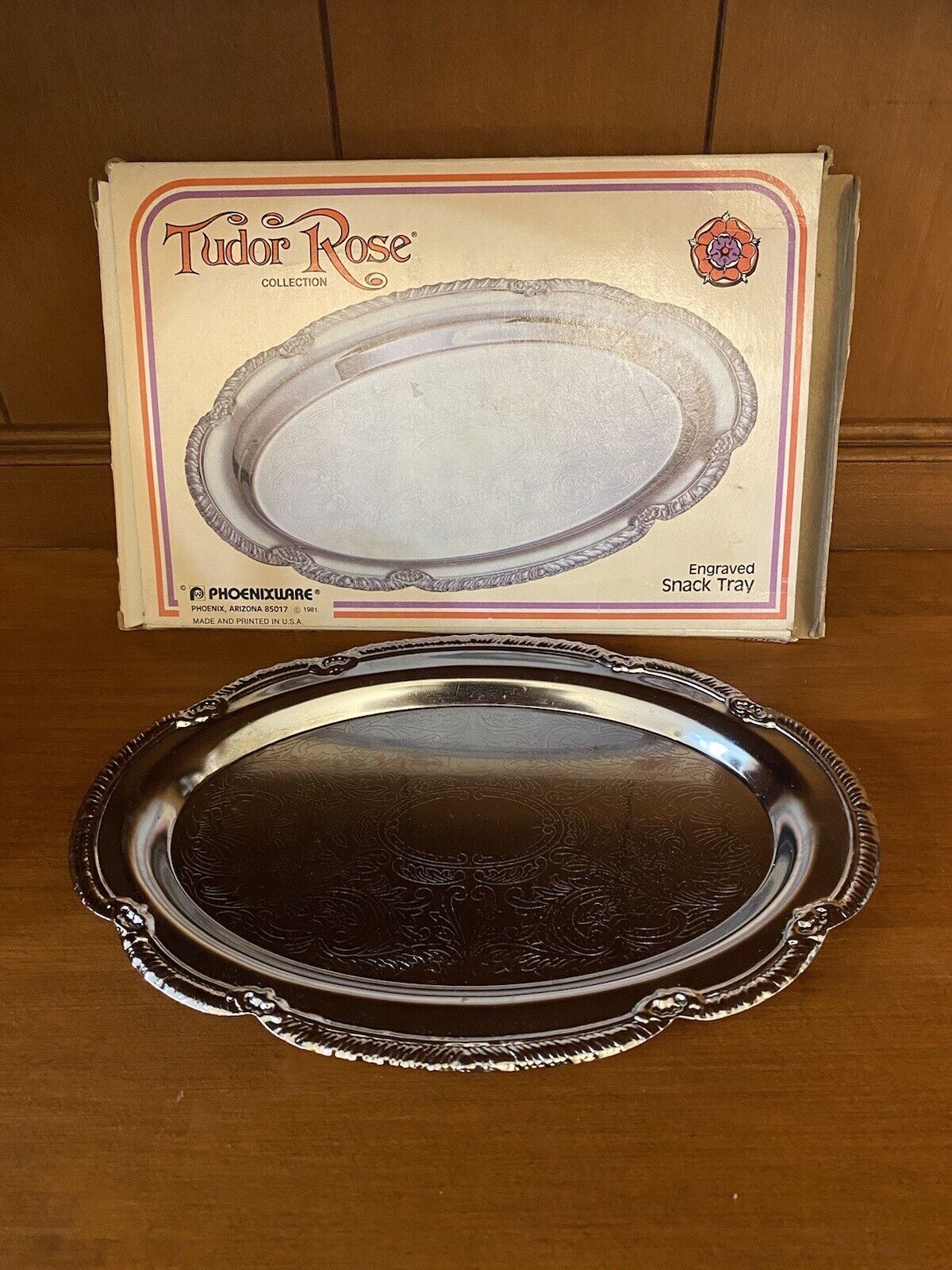 New Vintage Tudor Rose Engraved Snack Tray Phoenixware Made in USA 3081