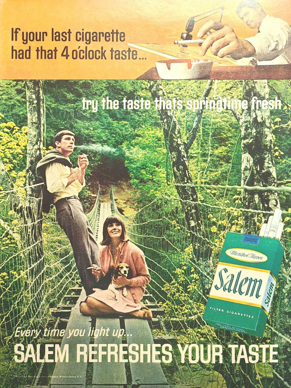 Salem Menthol Cigarettes Swinging Bridge Couple Springtime Vintage Print Ad 1967
