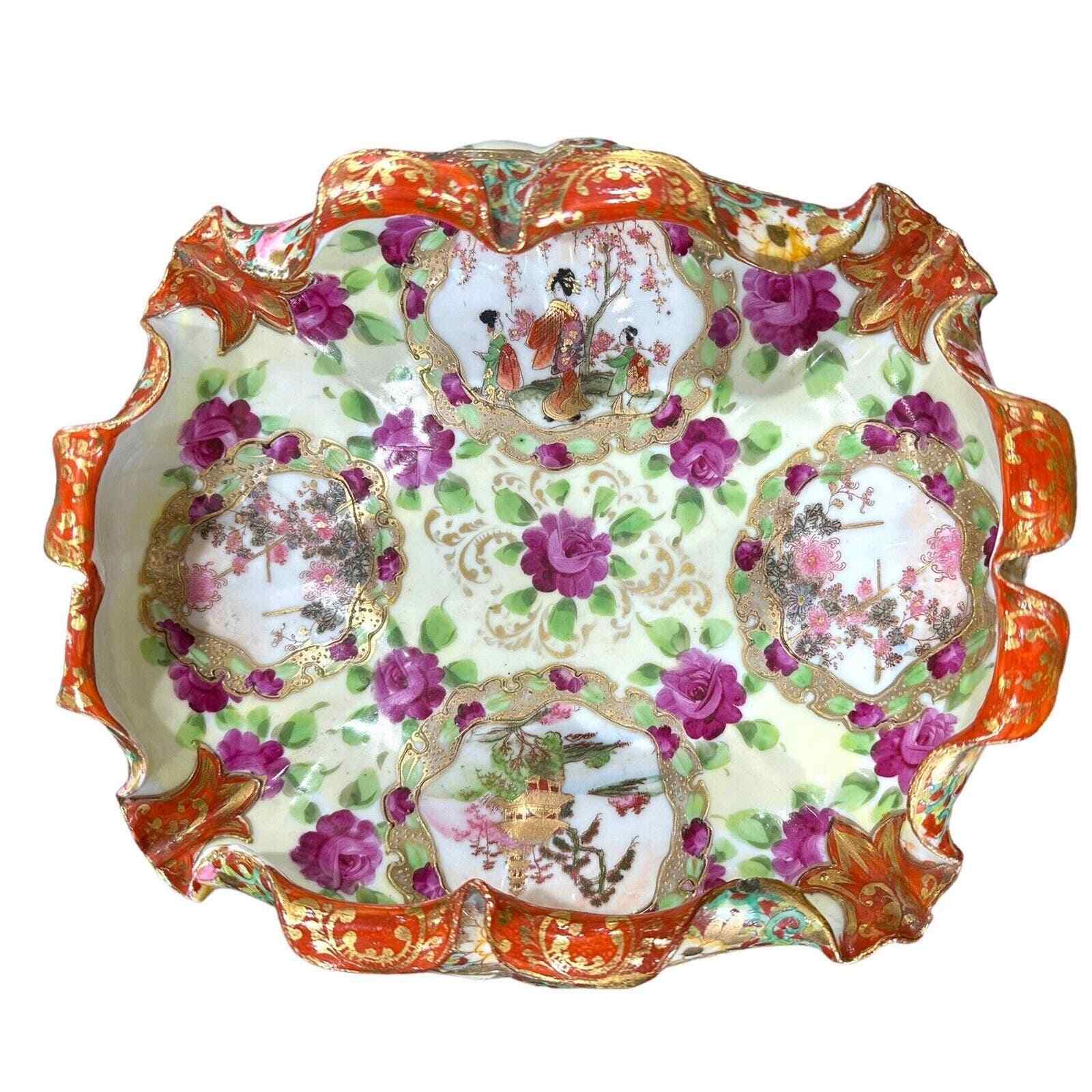 Antique Japanese Porcelain Moriage Floral W/ Raised Decorations Scalloped Bowl