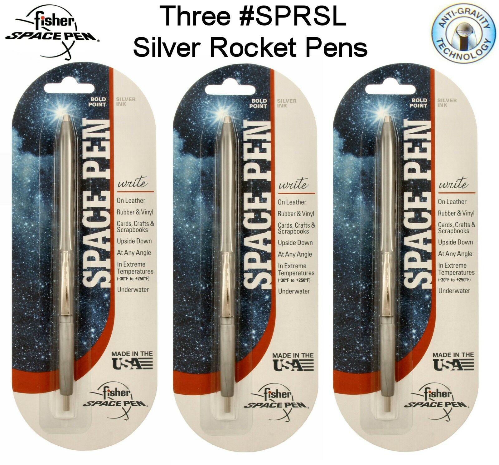 Three (3) Fisher Space Pen #SR80SL / Silver Rocket Pens with Silver Ink