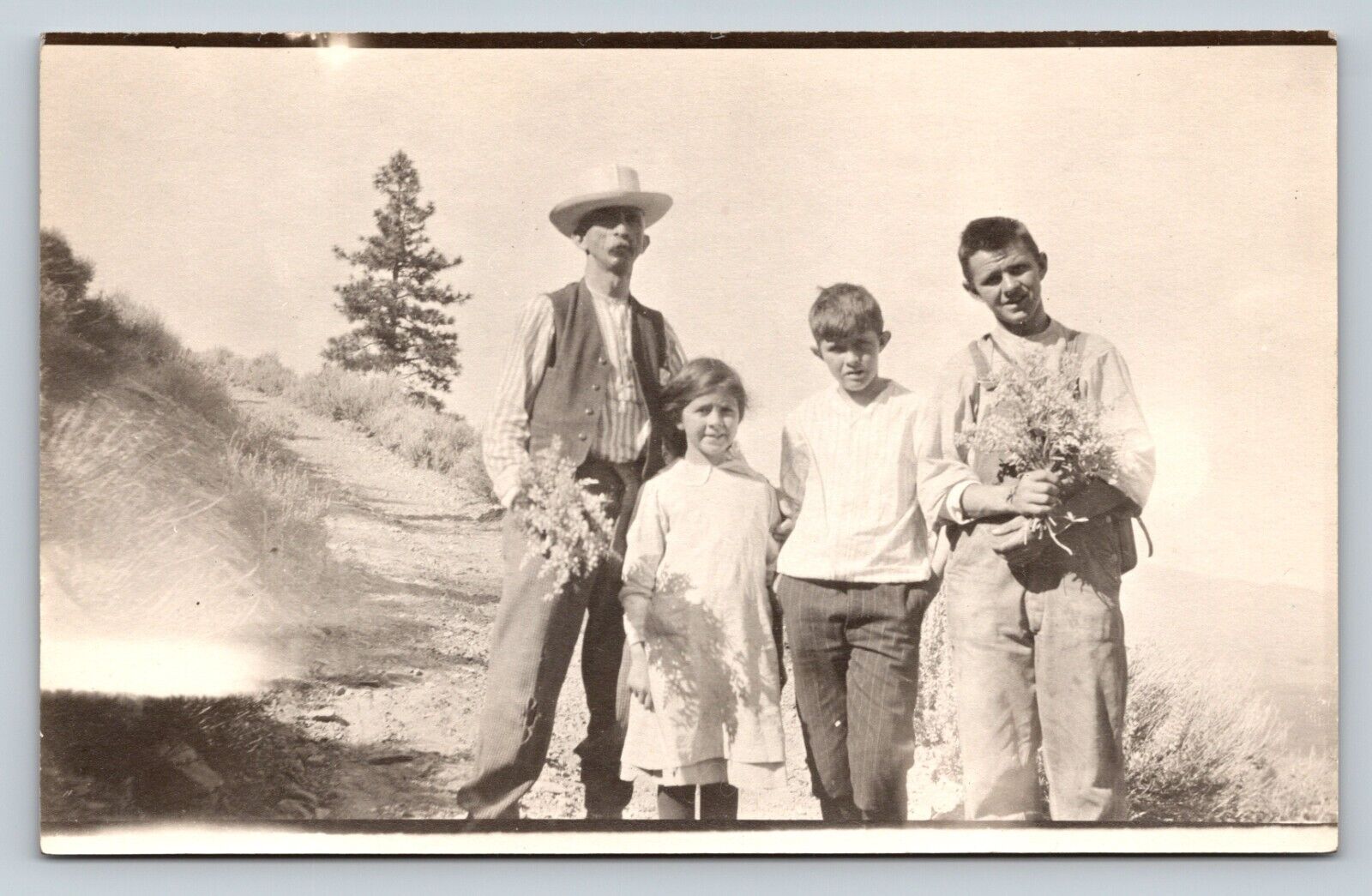 RPPC Man with Two Sons & Daughter VELOX 1907-1914 ANTIQUE Postcard 1366