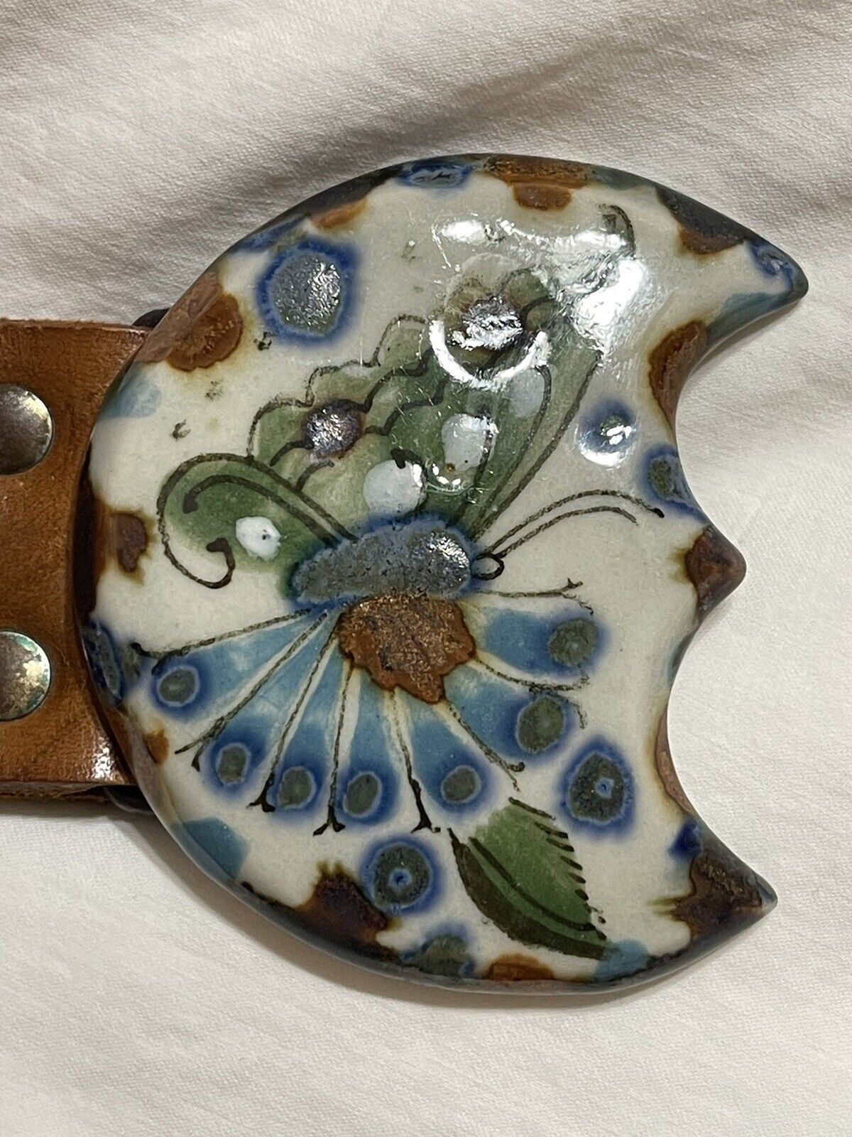 Ken Edwards Vintage Tonala Pottery Rare Butterfly BUCKLE MEXICO Leather Belt 30”