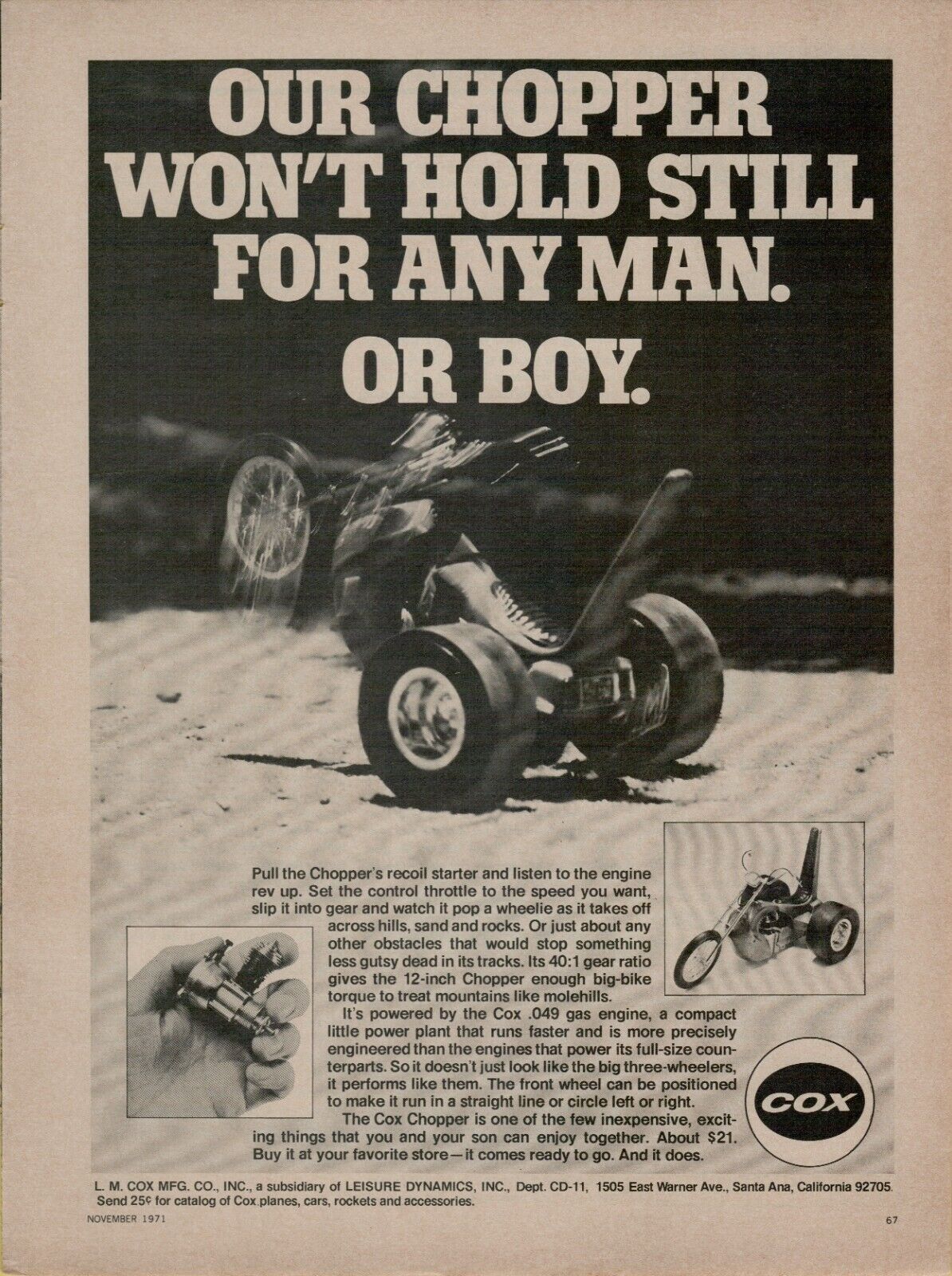 1971 Cox Chopper Recoil Starter Takes Off 12 Inch .049 Engine Vintage Print Ad