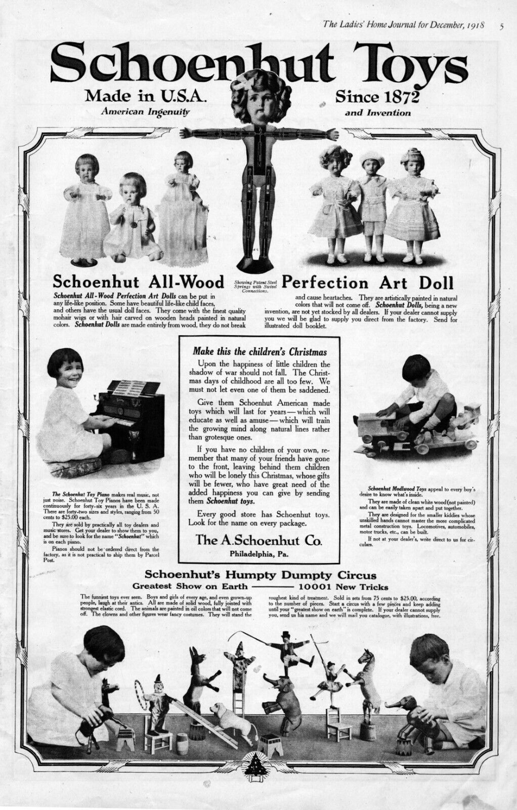 1918 Schoenhut Toys Antique Print Ad Humpty Dumpty Circus Piano Wooden Dolls 