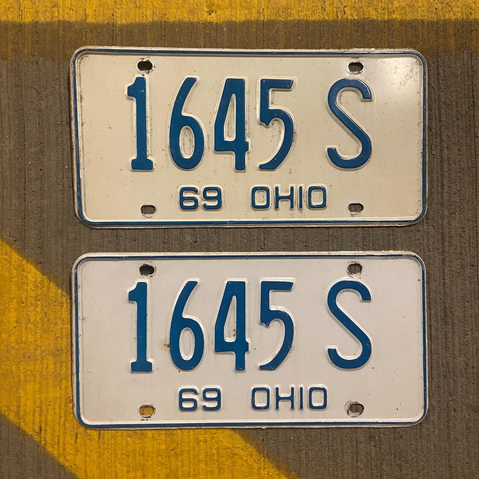 1969 Ohio License Plate Pair Vintage 1645 S YOM DMV Clear Ford Chevy Plymouth