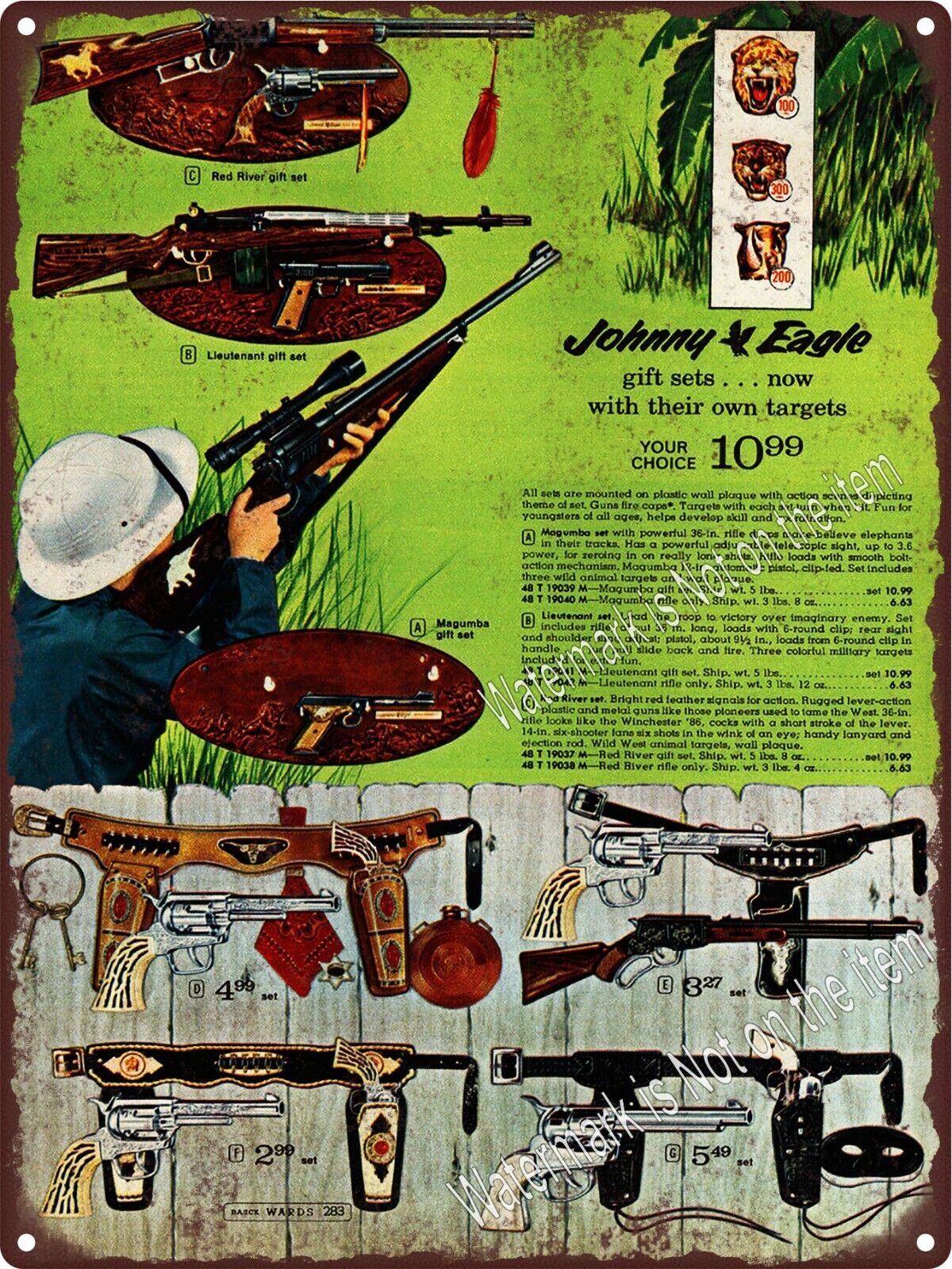 1968 Johnny Eagle Toy Red River Gun Rifle Gift Set Metal Sign 9x12\