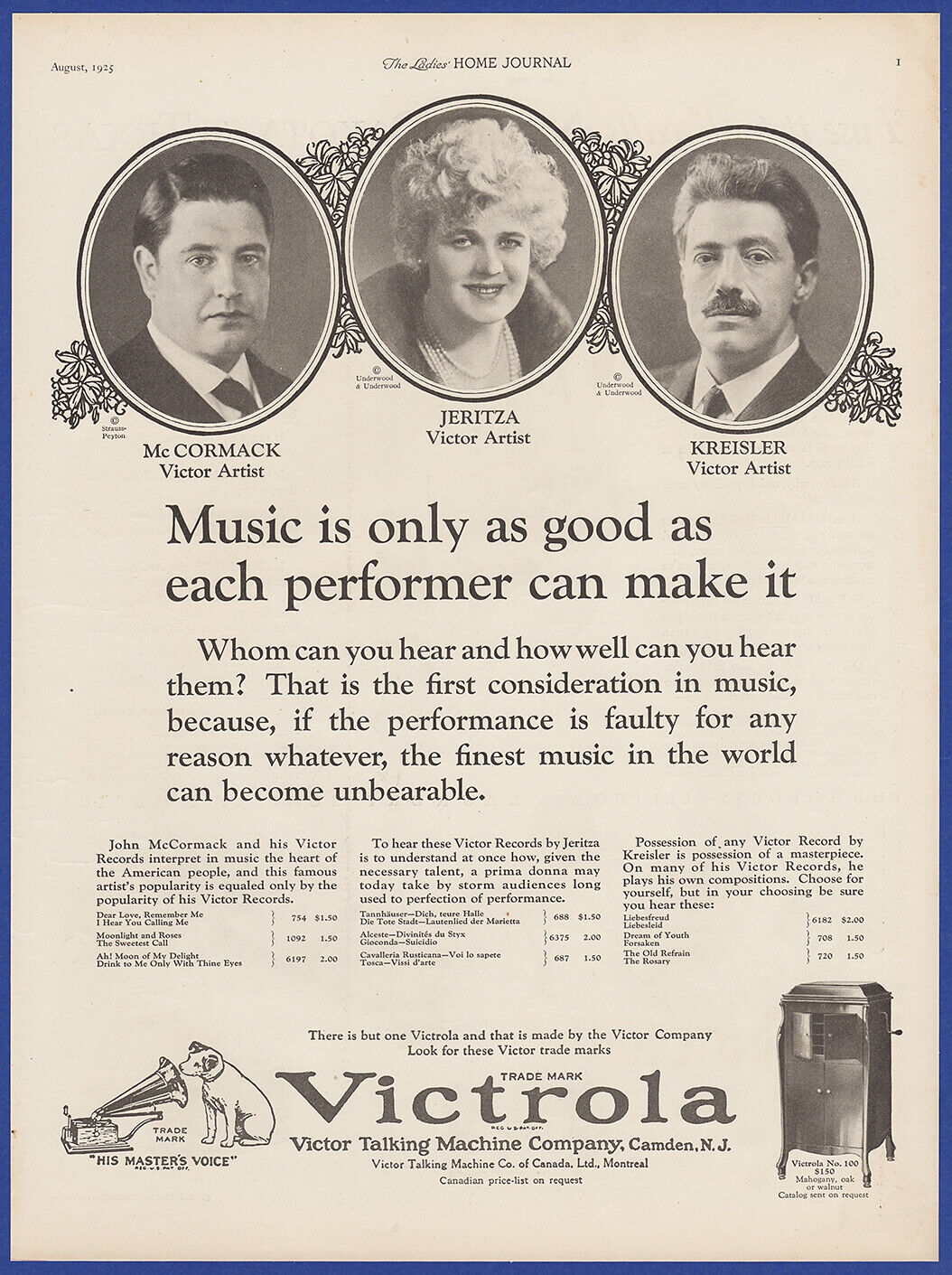 Vintage 1925 VICTROLA No. 100 Phonograph McCormick Jeritza Kreisler Print Ad