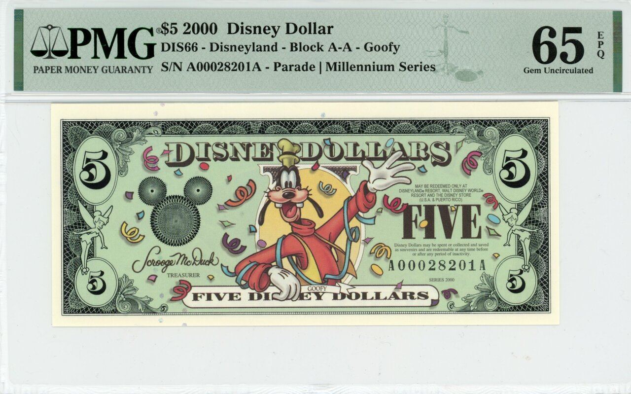 2000 $5 Disney Dollar Goofy Millennium Series PMG 65 EPQ (DIS66)
