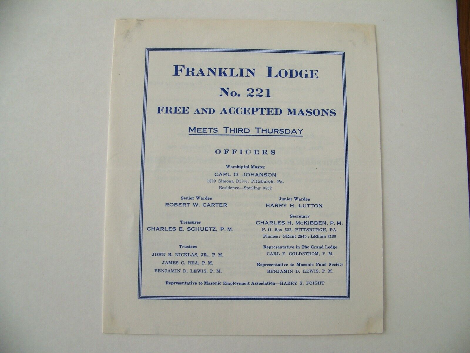 Pittsburgh Pennsylvania PA Franklin Free Mason Lodge 221 Masonic Program 1949