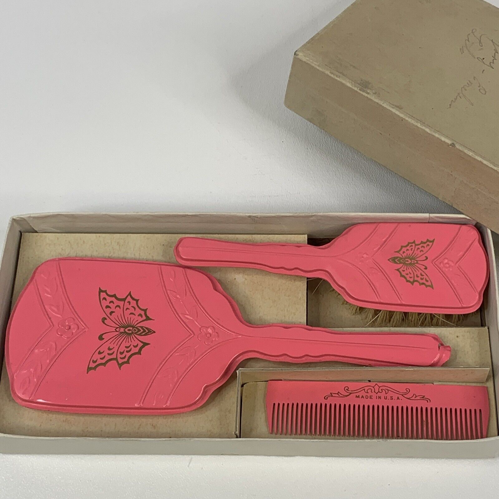 Vintage Child Pink Butterfly Vanity Set Comb Brush Mirror Original Box