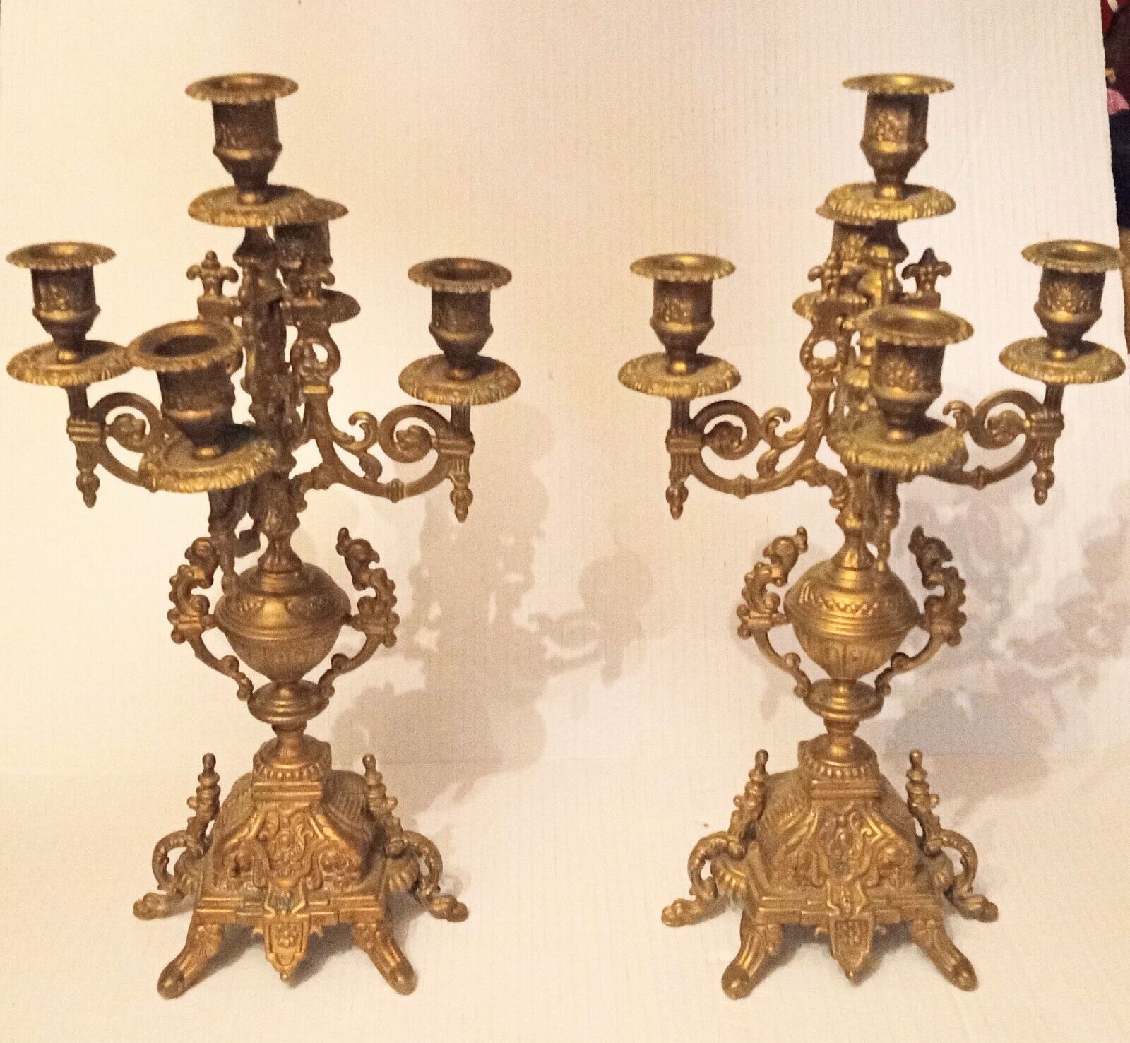 Hollywood Regency Vintage Baroque Style Brass Brevetto Candelabra Pair  16.5 