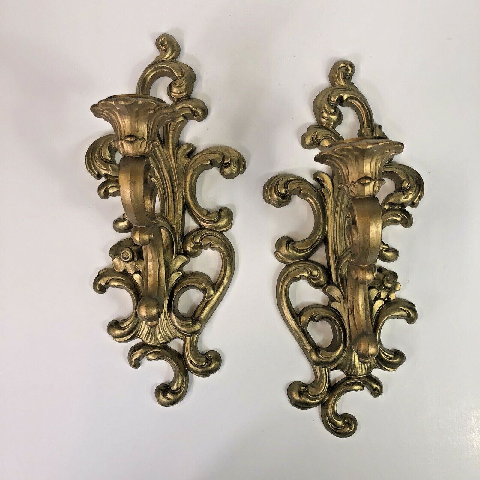 Vintage Gold Tone Wall Candle Sconces Pair 1971 USA ICM 13\