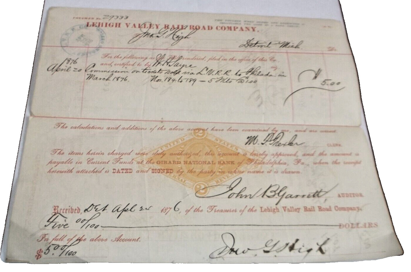 APRIL 1876 LEHIGH VALLEY RAILROAD VOUCHER TICKET COMMISSIONS DETROIT MICHIGAN