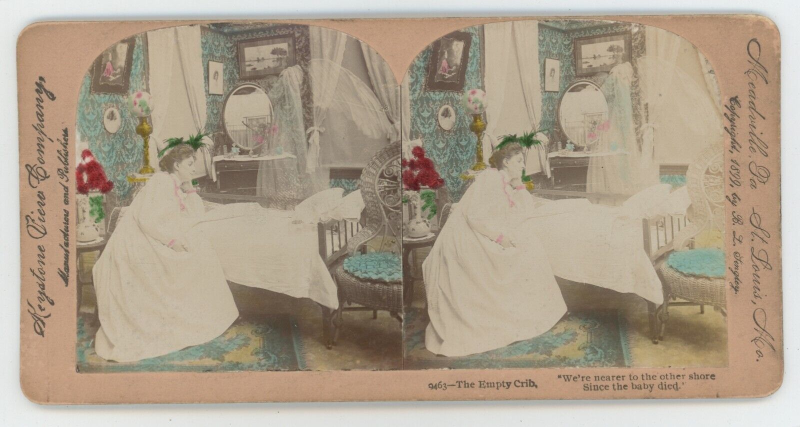 1899 Real Photo Hand Tinted Rare Stereoview The Empty Crib. Angel Carrying Baby