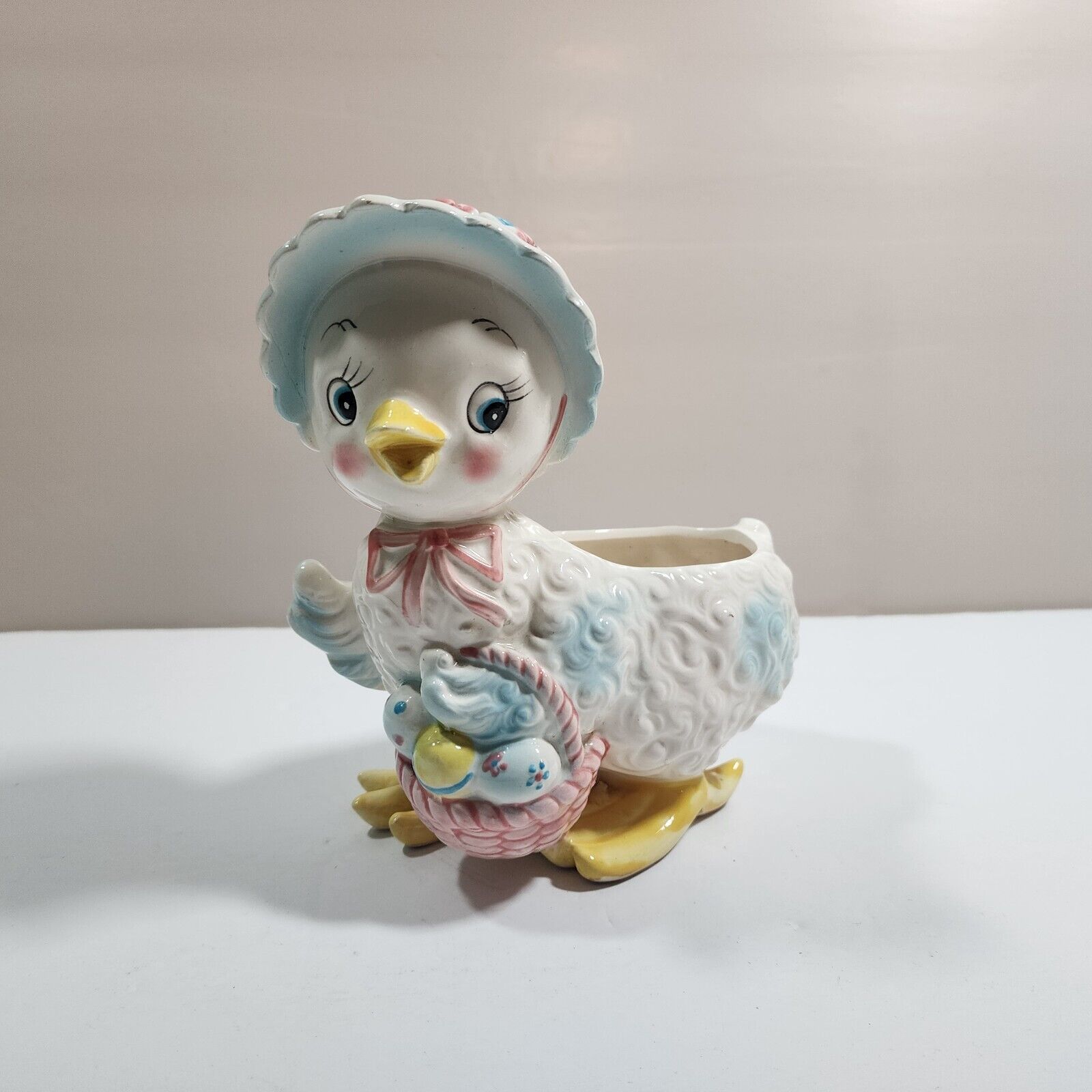 Vintage Relpo Ceramic Planter Anthropomorphic Baby Duckling with Bonnet Big Eyes