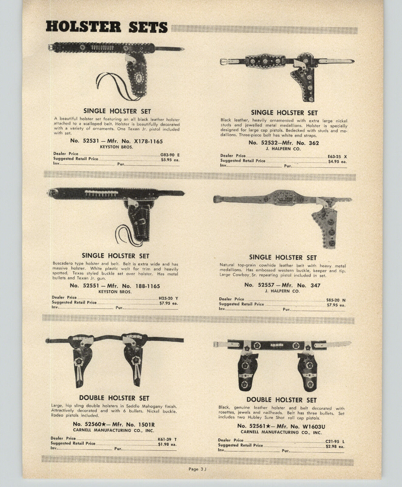 1952 PAPER AD Halpern Keyston Bros Carnell Double Toy Cap Gun Holster Sets