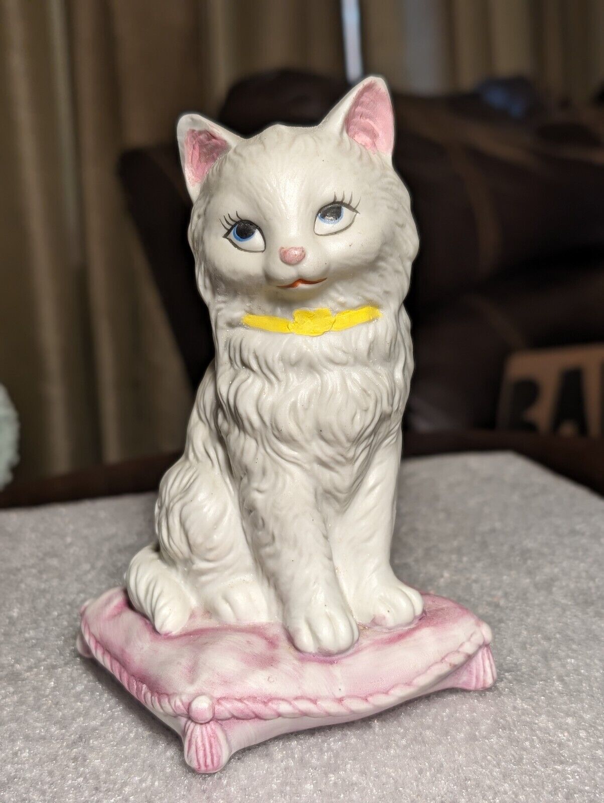 Vintage White Persian Cat Bisque Figurine Pink Pillow Can. Be Light As Is