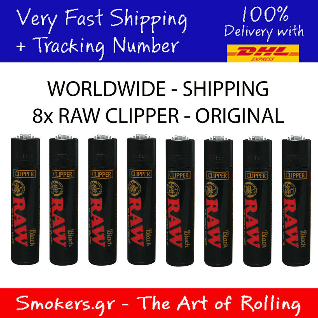8x RAW CLIPPER Classic Full Size Flint Lighter Refillable RAW BLACK