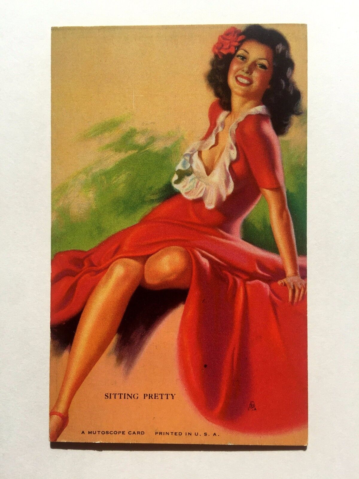 1940s Pinup Girl Picture Mutoscope - Brunette in Red Dress - Sitty Pretty