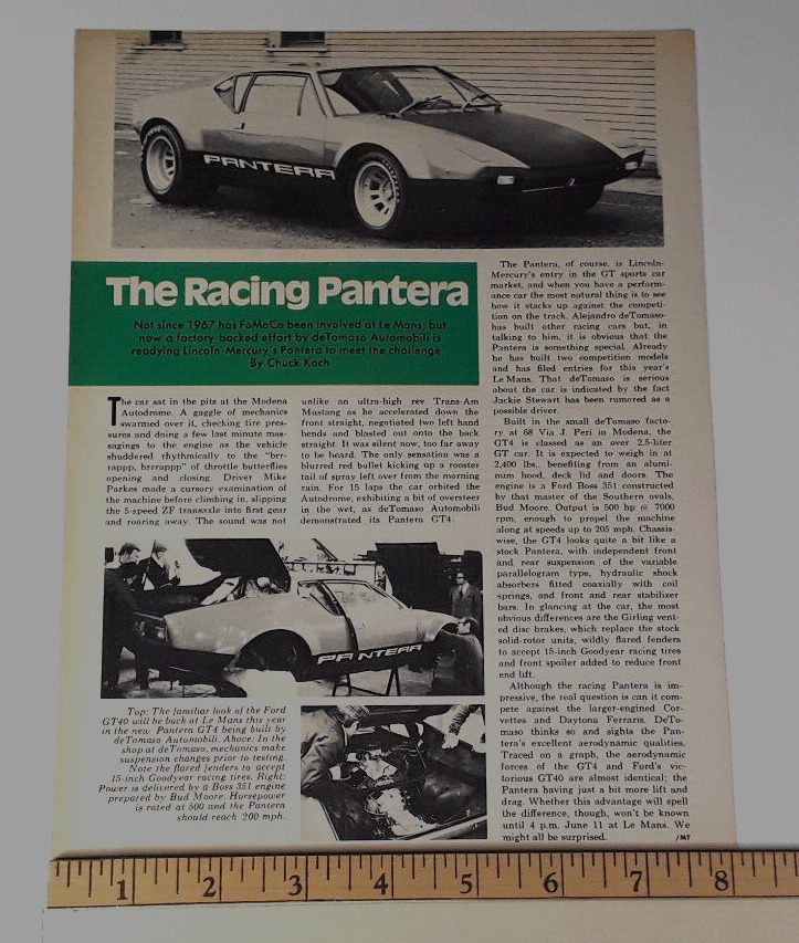1972 FORD PANTERA GT4 DeTOMASO RACE CAR ORIGINAL ARTICLE