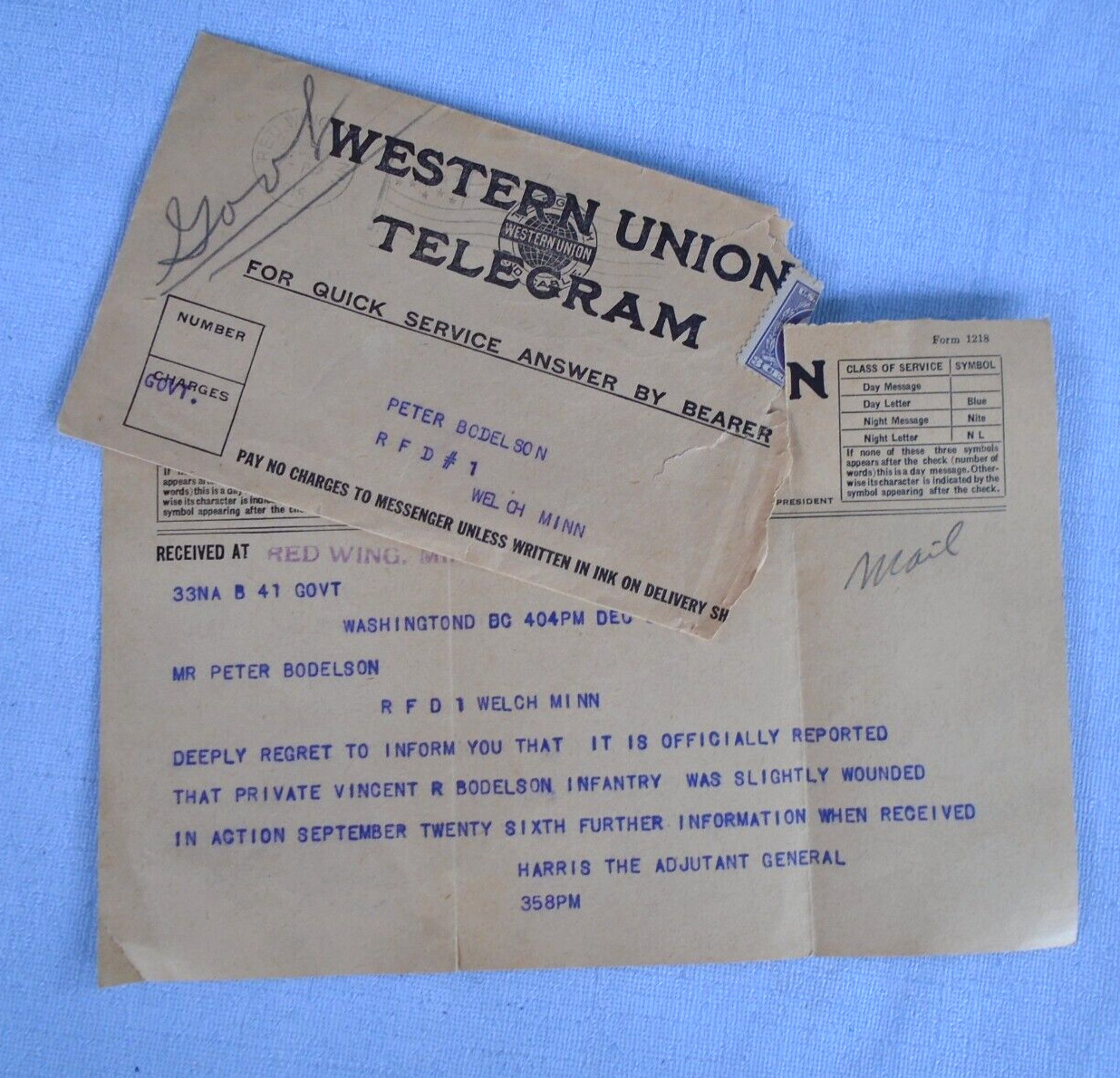 WWI US Army wounded in action on September 26 telegram