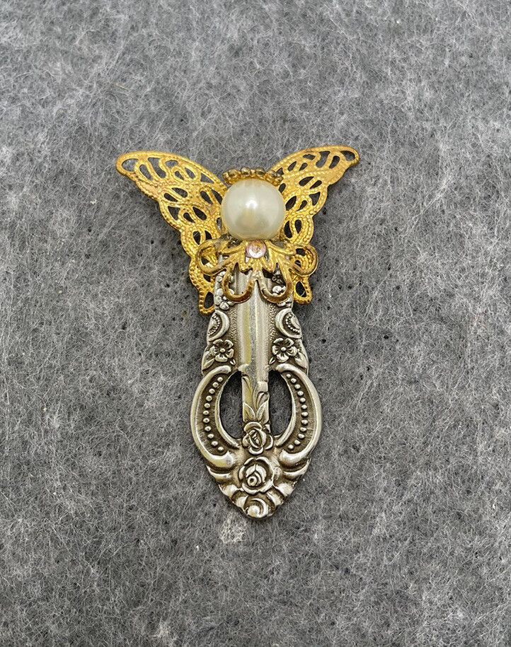 Homemade Two Toned Angel w/ Faux Pearl Head & Floral Utensil Body Lapel Pin
