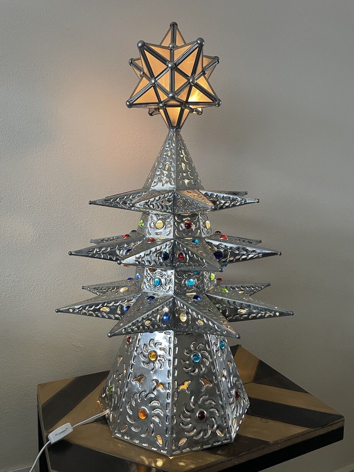 Punched TIN CHRISTMAS TREE, glass star. hand made Table Top Lighted Tree 26 in H