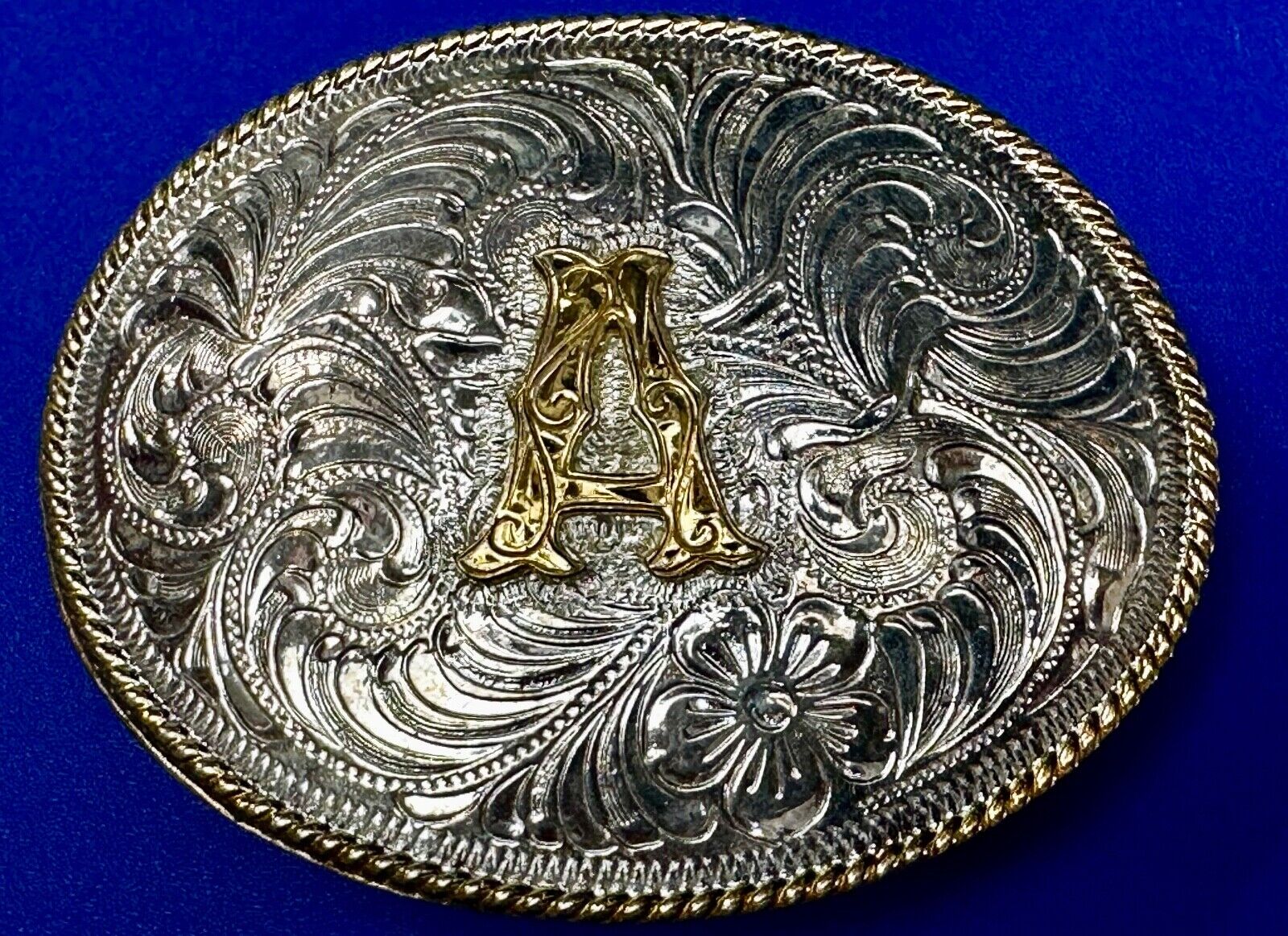 Letter Initial A - Western two tone Belt Buckle stamped Justin Silver Mexico