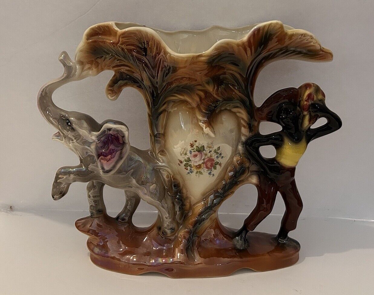 Sesto Fior Rare Antique Italian Hand-Painted Porcelain African Elephant Vase