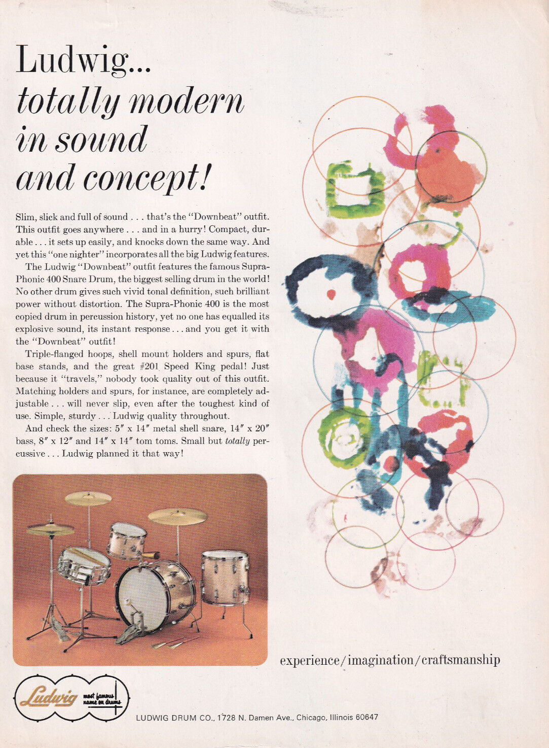 1965 SUPER LUDWIG SUPRA-PHONIC 400 DRUMS VINTAGE FULL PAGE AD