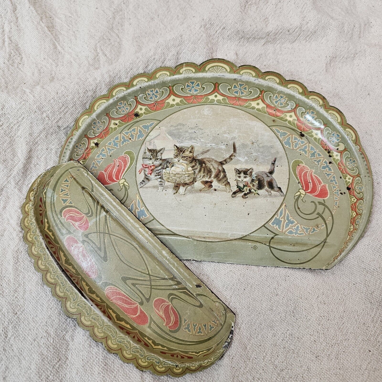 Rare Antique 1910's Art Deco Tin Crumb Tray Set Helena Maguire Cats Kittens 