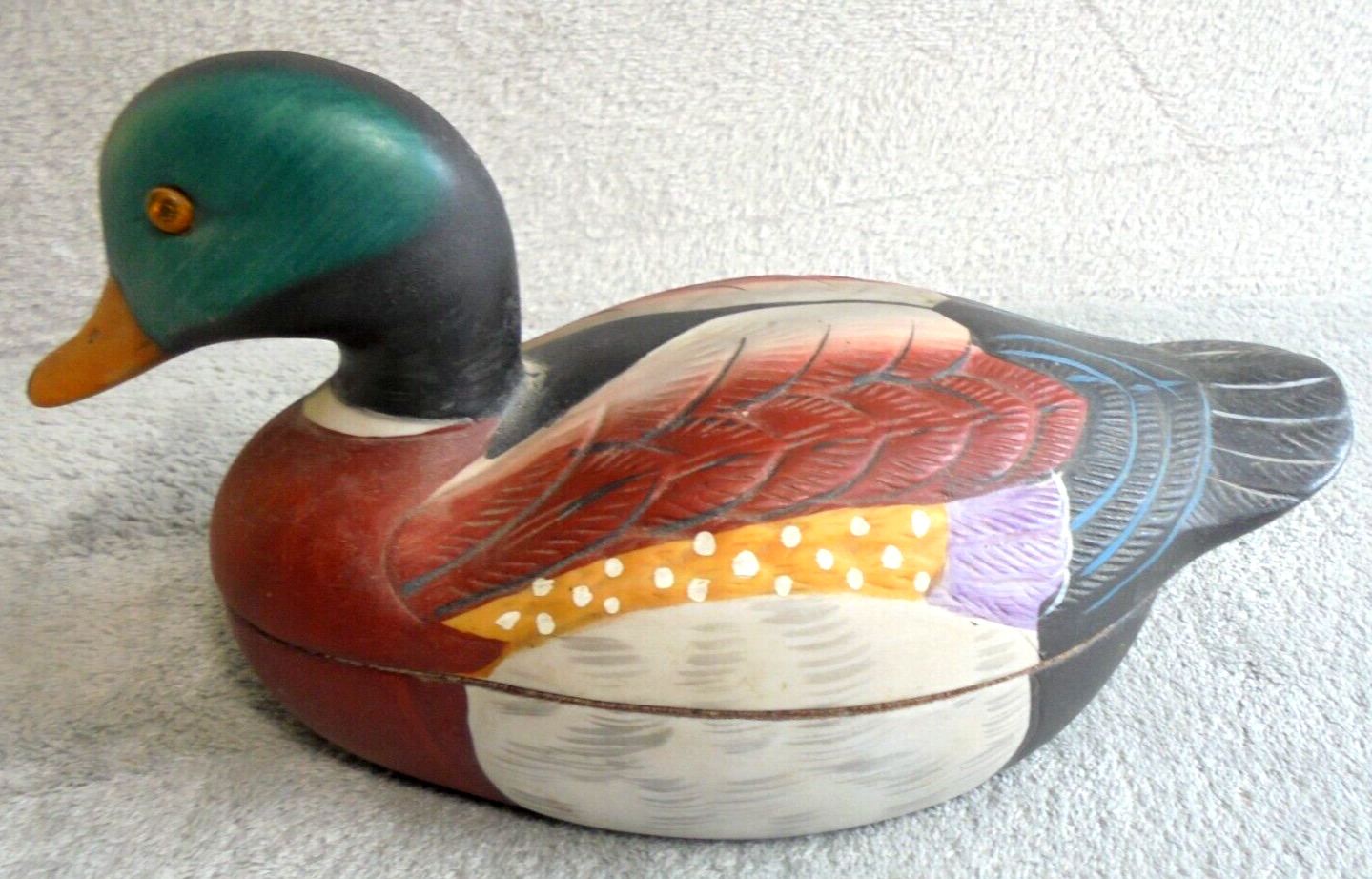 Vintage Jasco Mallard Duck Jewelry Box Trinket Dish Decoy Ceramic Felt Lined Men