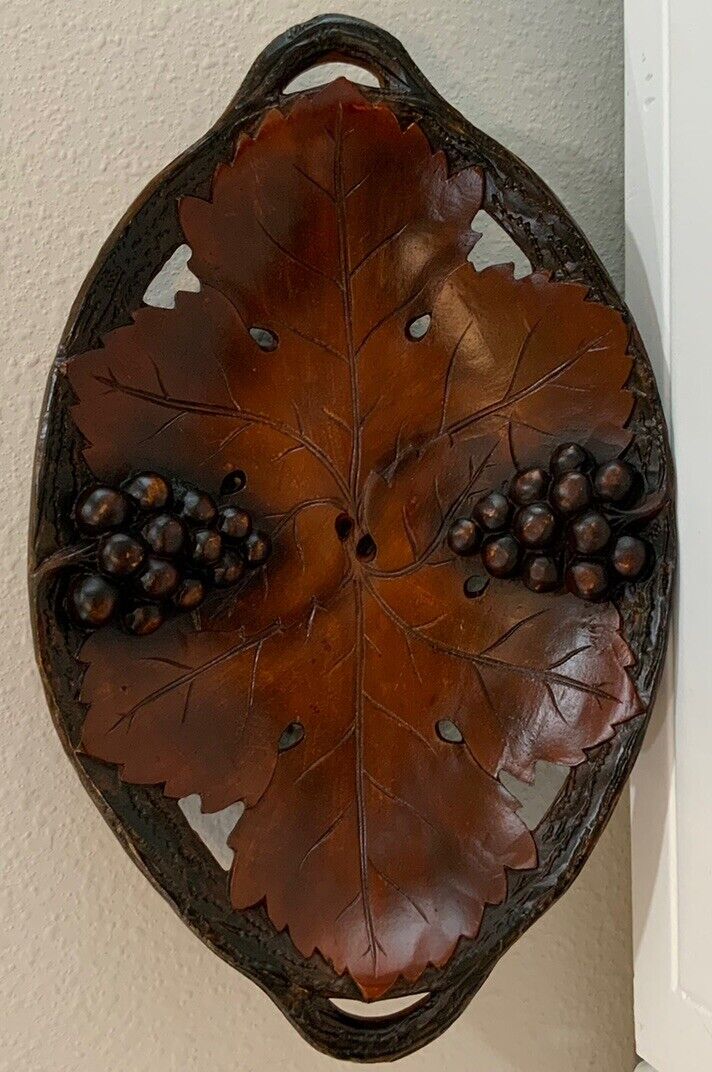 Vtg Midwest Of Cannon Falls Oblong Leaf Grape Carved Wood Look Trinket Tray Dish
