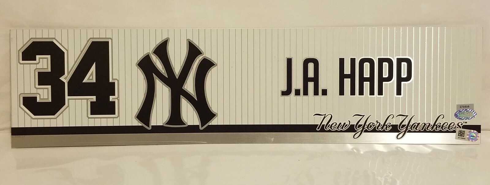 J.A. Happ Game Used 2019 New York Yankees Locker Room Name Plate MLB &...