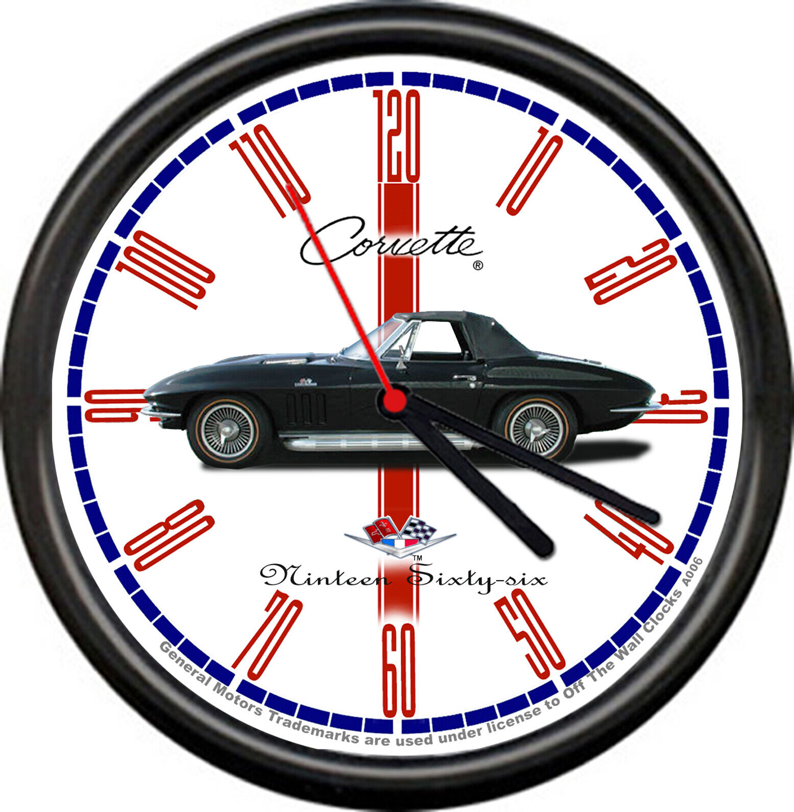 Licensed 1966 Corvette Vintage Black Convertible General Motors Sign Wall Clock