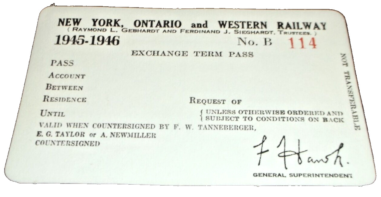 1945 1946 NEW YORK ONTARIO & WESTERN NYO&W EMPLOYEE EXCHANGE TERM PASS #114