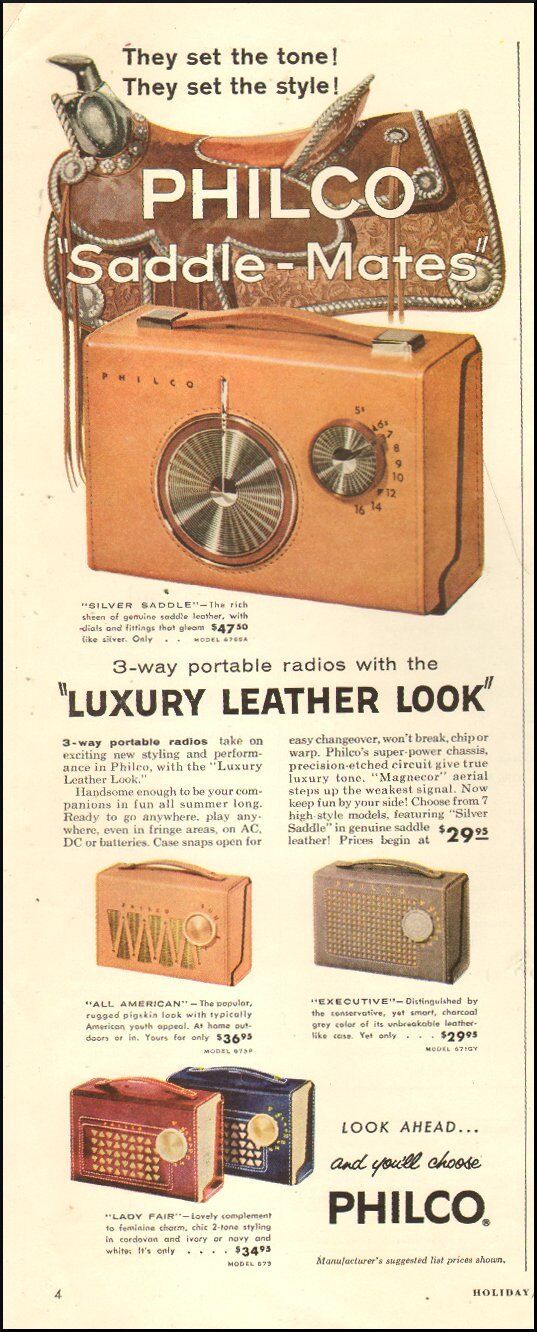 1957 vintage Ad PHILCO Saddle Mates Portable Radios Luxury Leather Look 080618