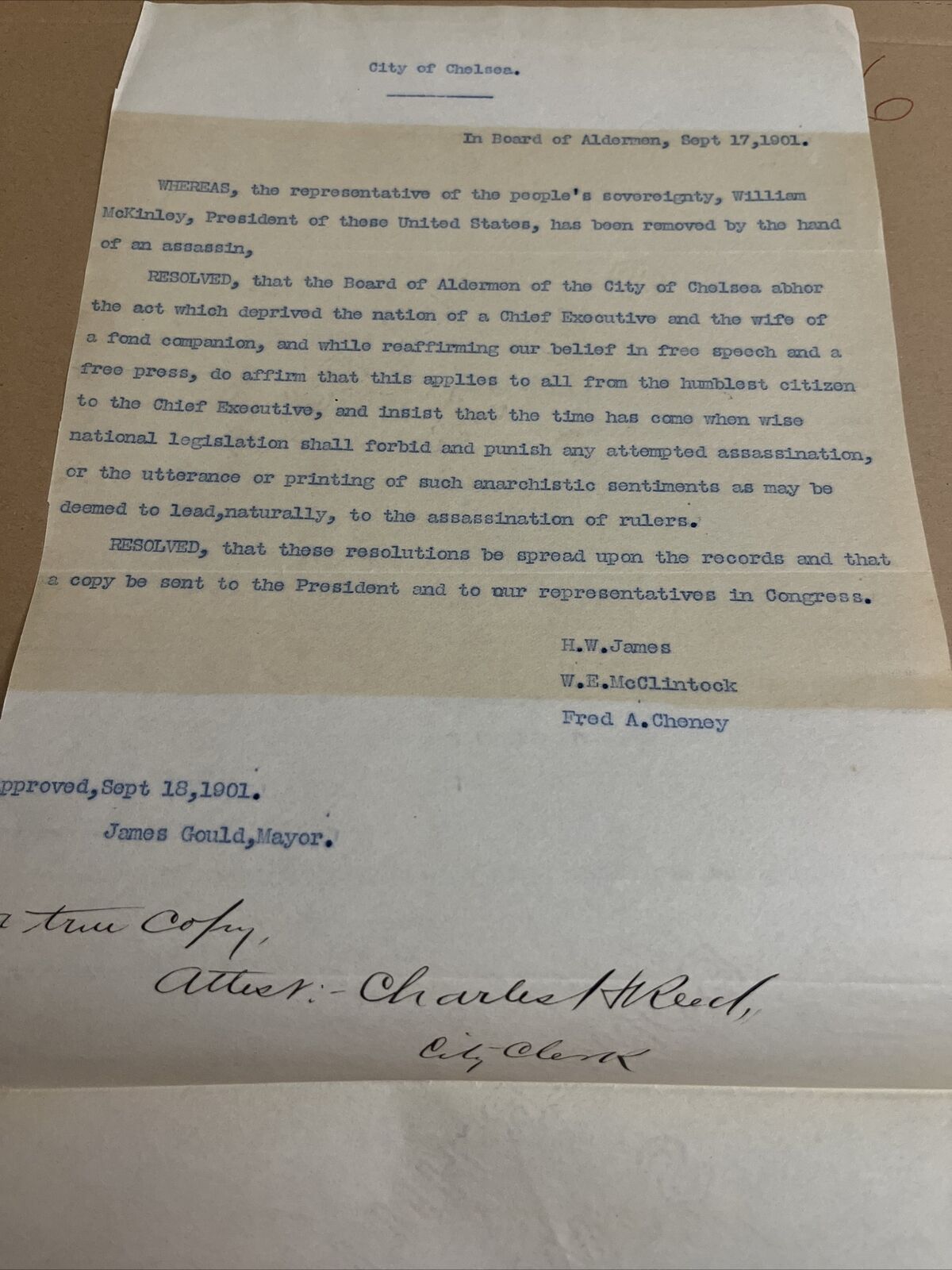 Antique 1901 Chelsea MA Mayor Resolution on President McKinley Assassination
