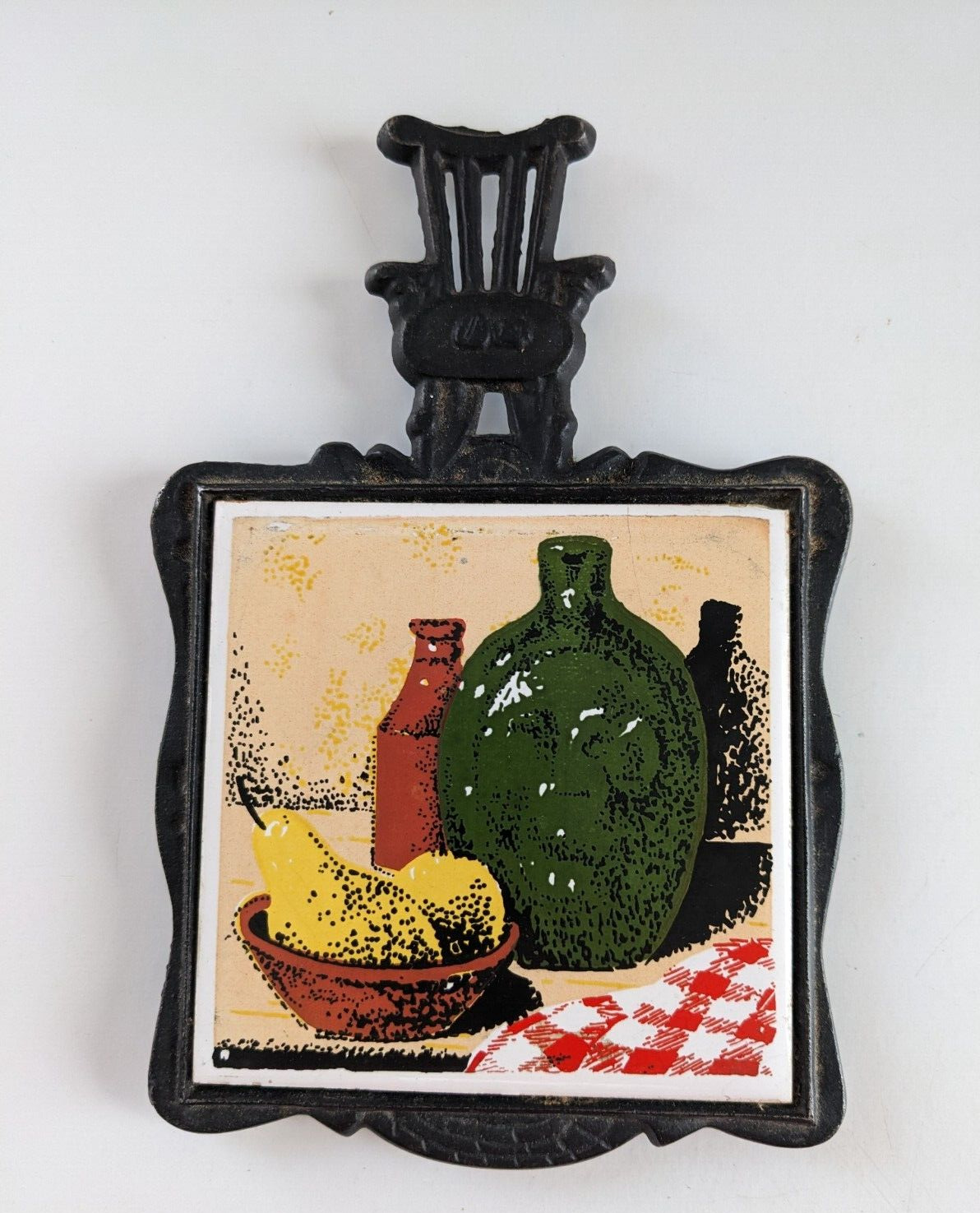 Vintage Triangle Shunlong Glazed Ceramic Cast Iron Trivet pears bottles AA9D