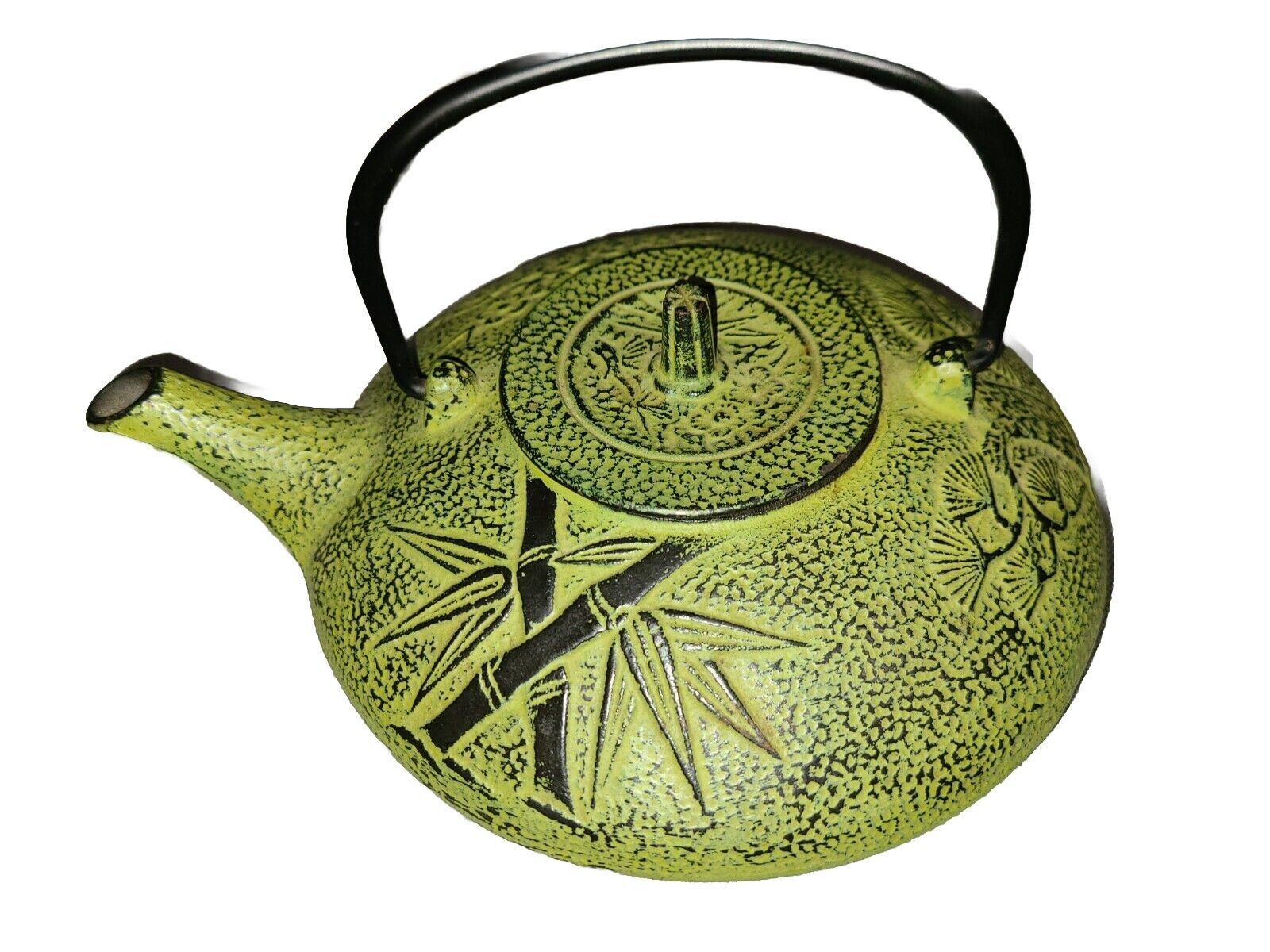 Vintage Oriental Tetsubin Green Heavy Cast Iron Bamboo Teapot Kettle 