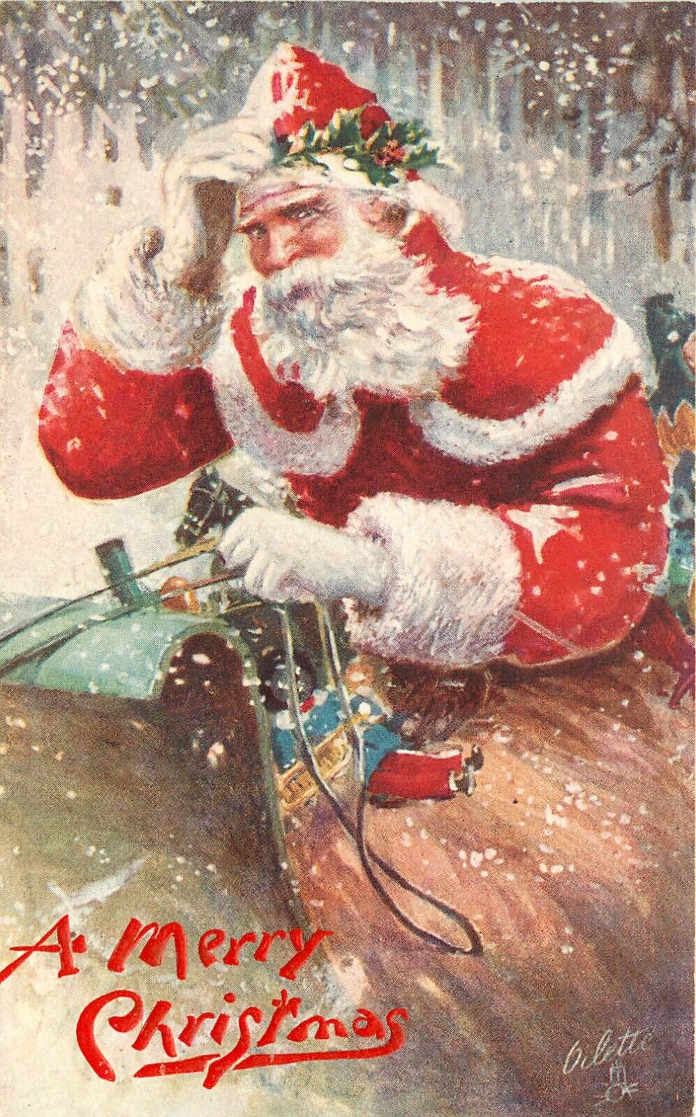 Tuck Christmas Postcard C1063 Red Robe Santa Drives in Snowstorm