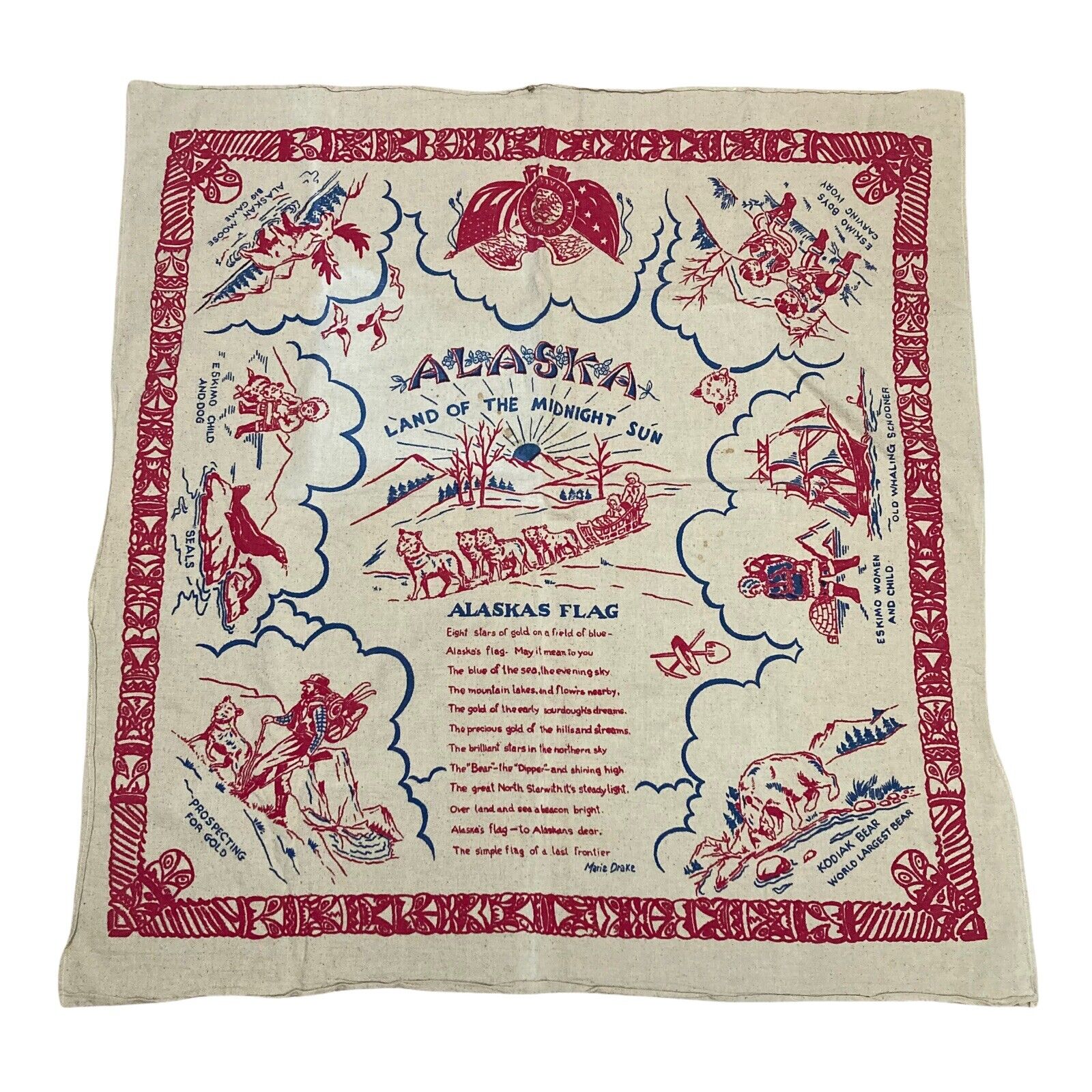 Alaska Map Cloth Souvenir Wall Tapestry Marie Drake Flag Vintage 44x45