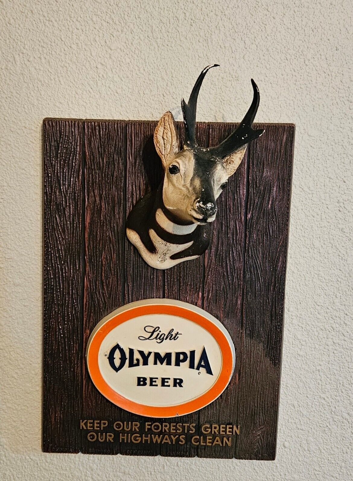 Vintage 1963 Olympia Light Beer Antelope Wildlife Wall Bar Sign Plaque. Rare 