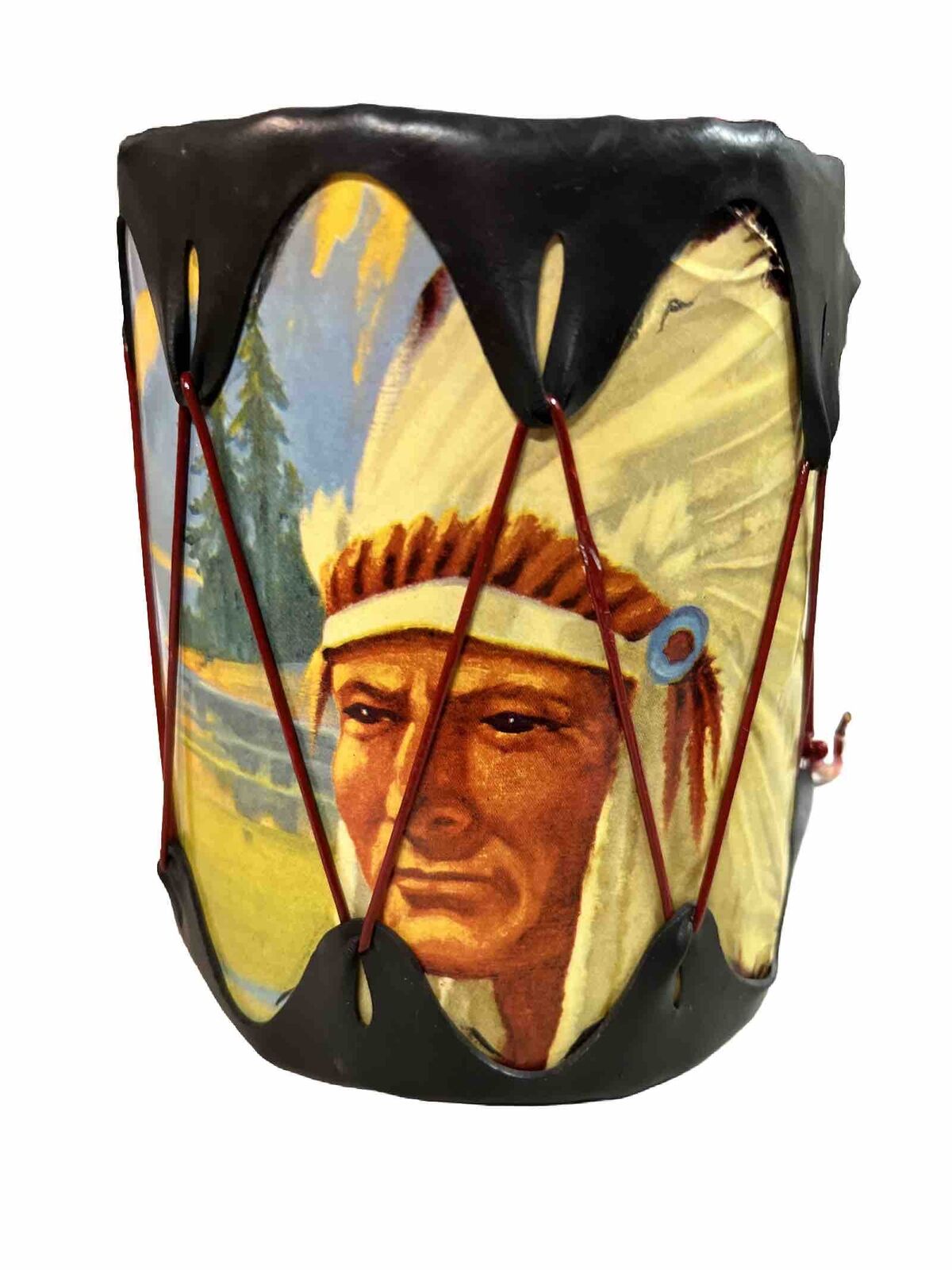VINTAGE NATIVE AMERICAN GRAPHICS TOY TOMTOM DRUM 6” Tall 5” Dia Graphics’s VGC