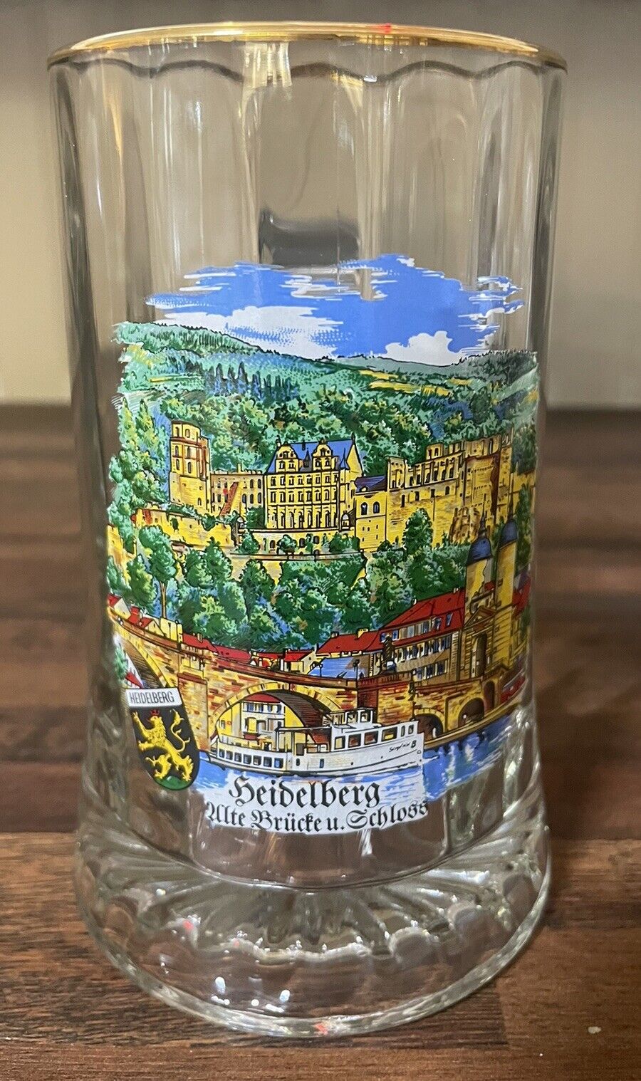 Vintage Fiye Italy Heidelberg Seidelberg Glass Gold Trim German Beer Mug Stein