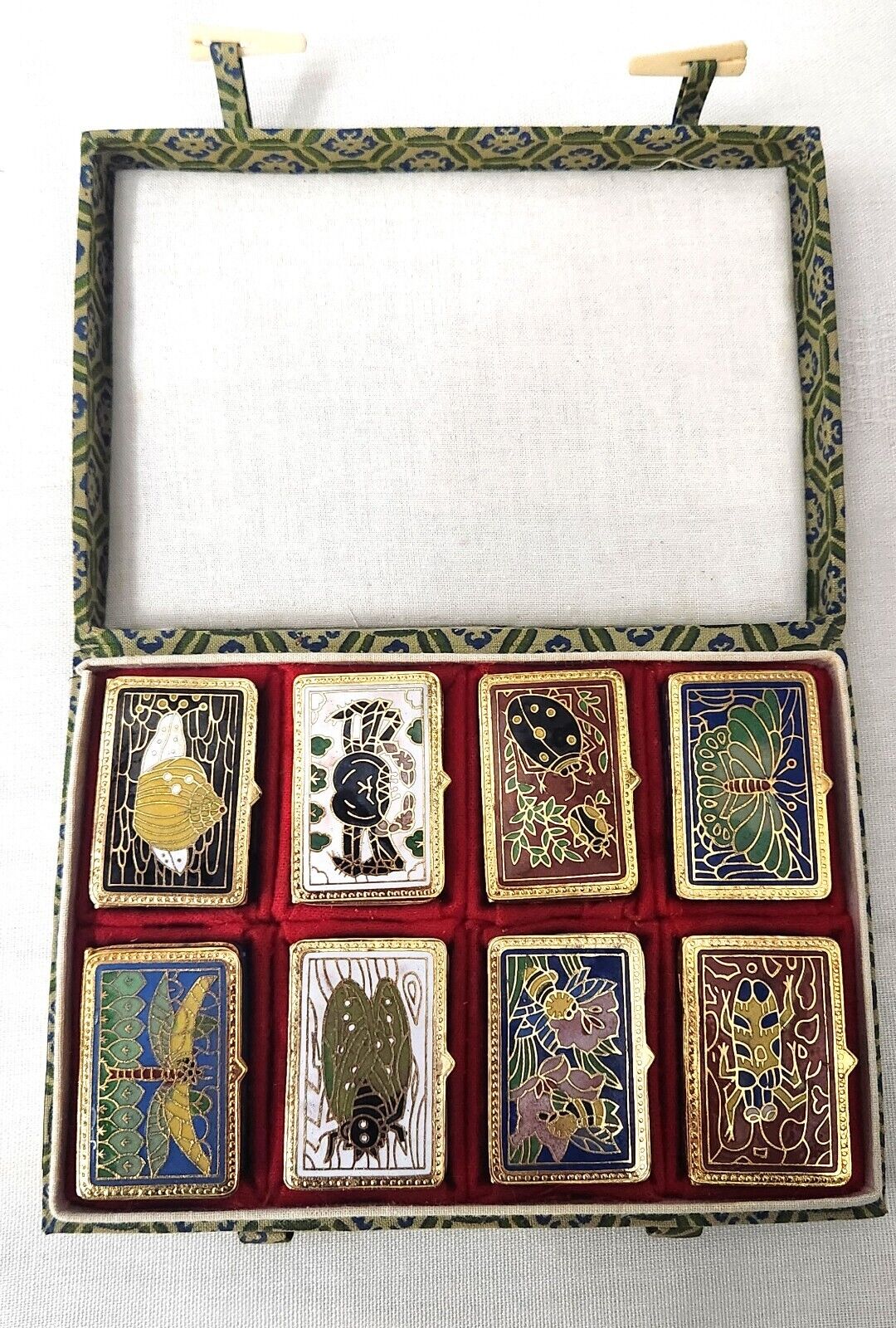 RARE Cloisonne Insect Art Brass Pill Boxes (VTG) 8 pc set in Original Case