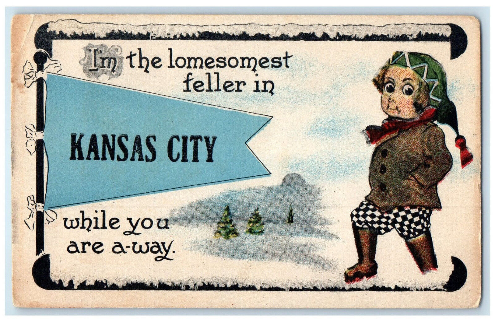 1914 Kansas City Pennant Lomesomest Message Missouri MO Antique Postcard