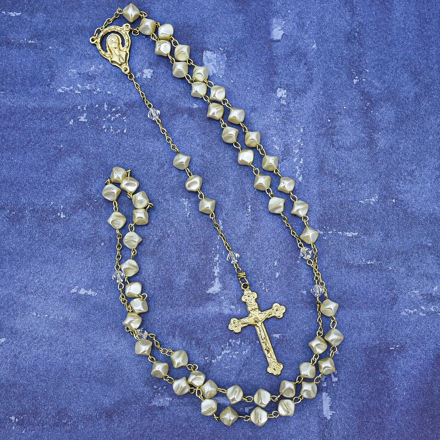 Vintage Goldtone Faux Pearls Rosary Made In Italy
