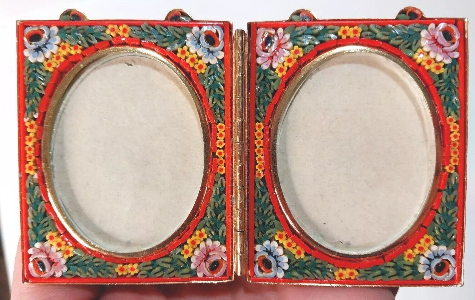 Antique Italian Micromosaic Dual Picture Frame Floral Red Beautiful